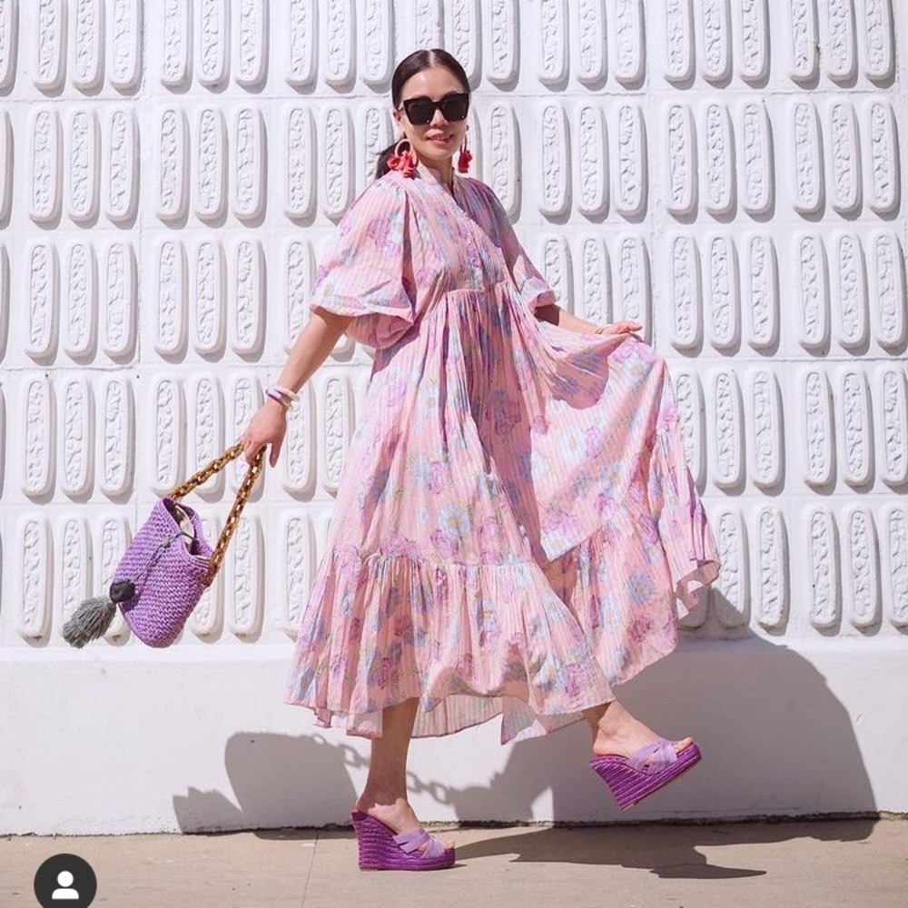 byTiMo Floral Scandi Midi Dress Med Pink Blue Balloon Sleeve Artisan Sustainable